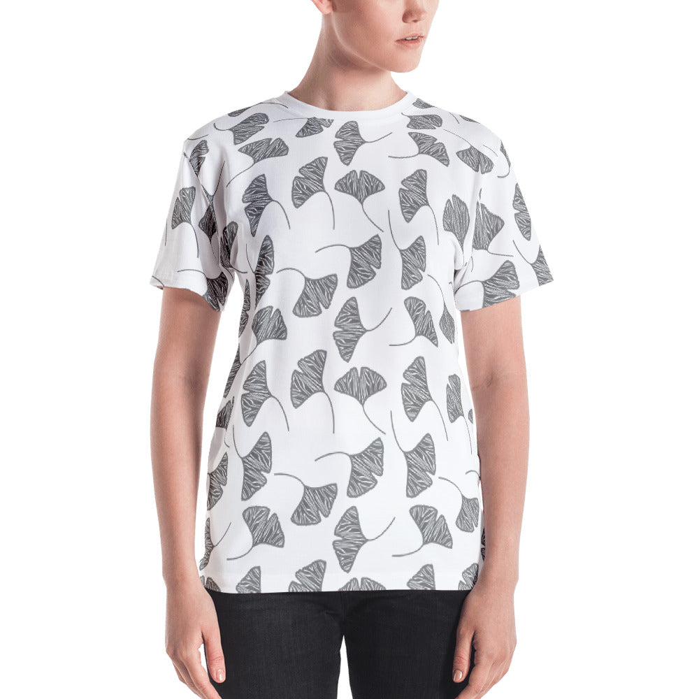 Ginkgo Leaves White and Black All-Over Cut & Sew Women's T-shirt